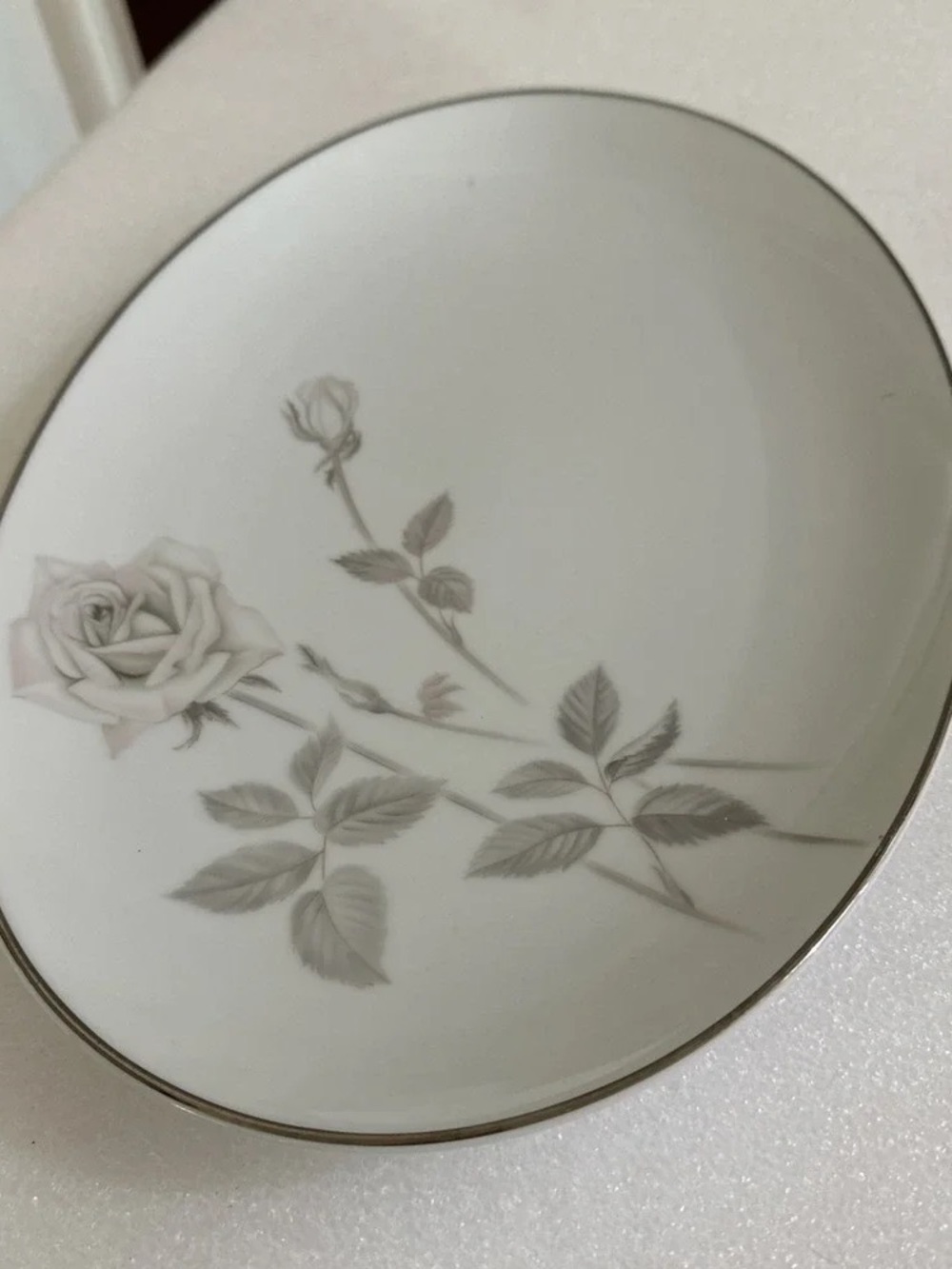 White Porcelain Rose Dinner Plate with Silver Trim